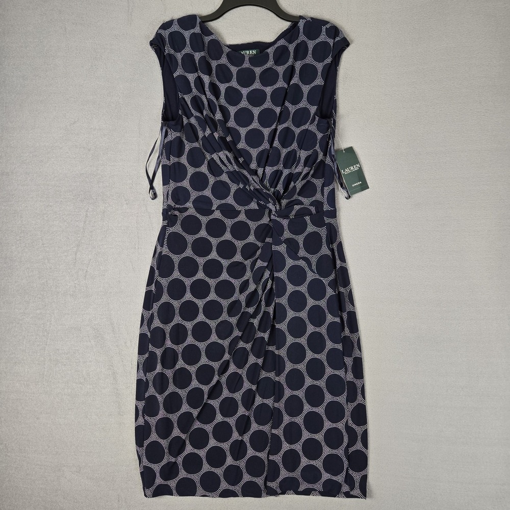 Lauren Ralph Lauren Dress 14 Blue White Geometric Boat Neck Center‎ Pleat NWT